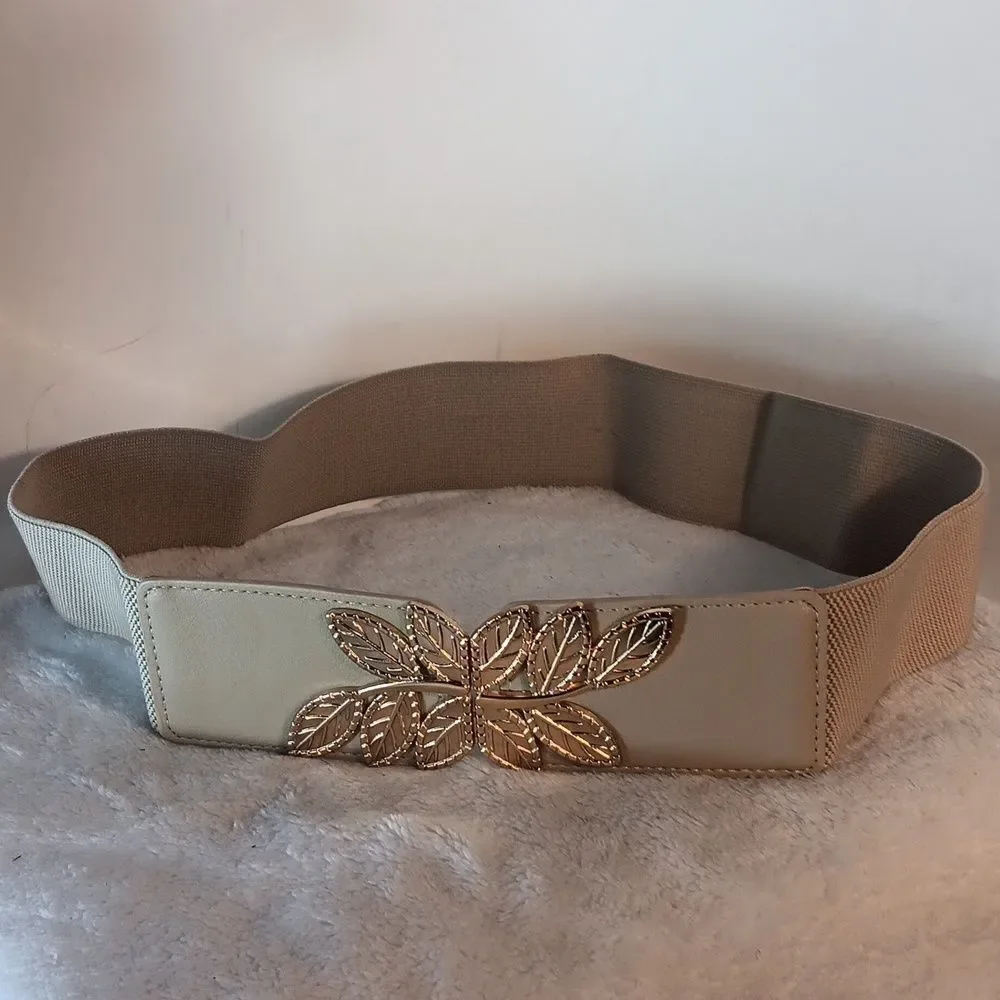Elegant Tan Belt with Gold Leaf Accent